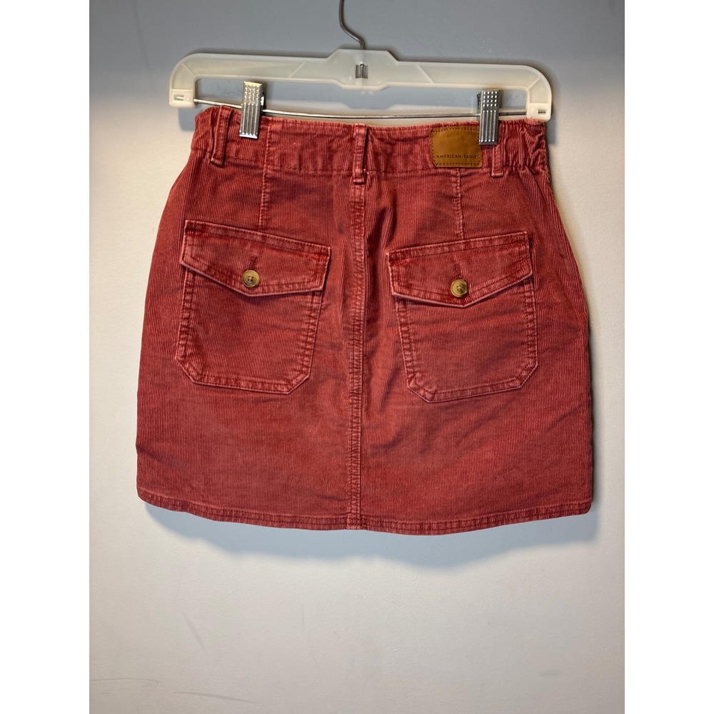 American Eagle Corduroy Mini Skirt Womens Burgandy Super Stretch Utility Pocket - Picture 2 of 4